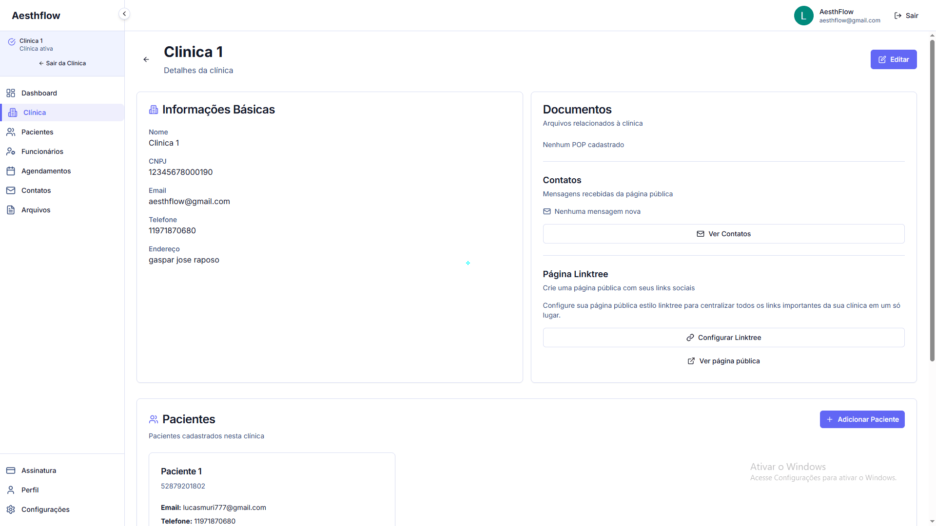 Dashboard do Aesthflow - Sistema de gestão para clínicas estéticas mostrando interface completa com sidebar, cards de informações e gestão de pacientes